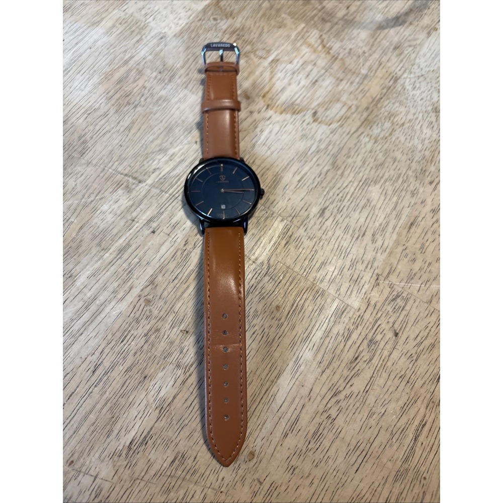LAVAREDO Ultra Thin Quartz Wristwatch Blue Dial Brown Leather Band Date Mens